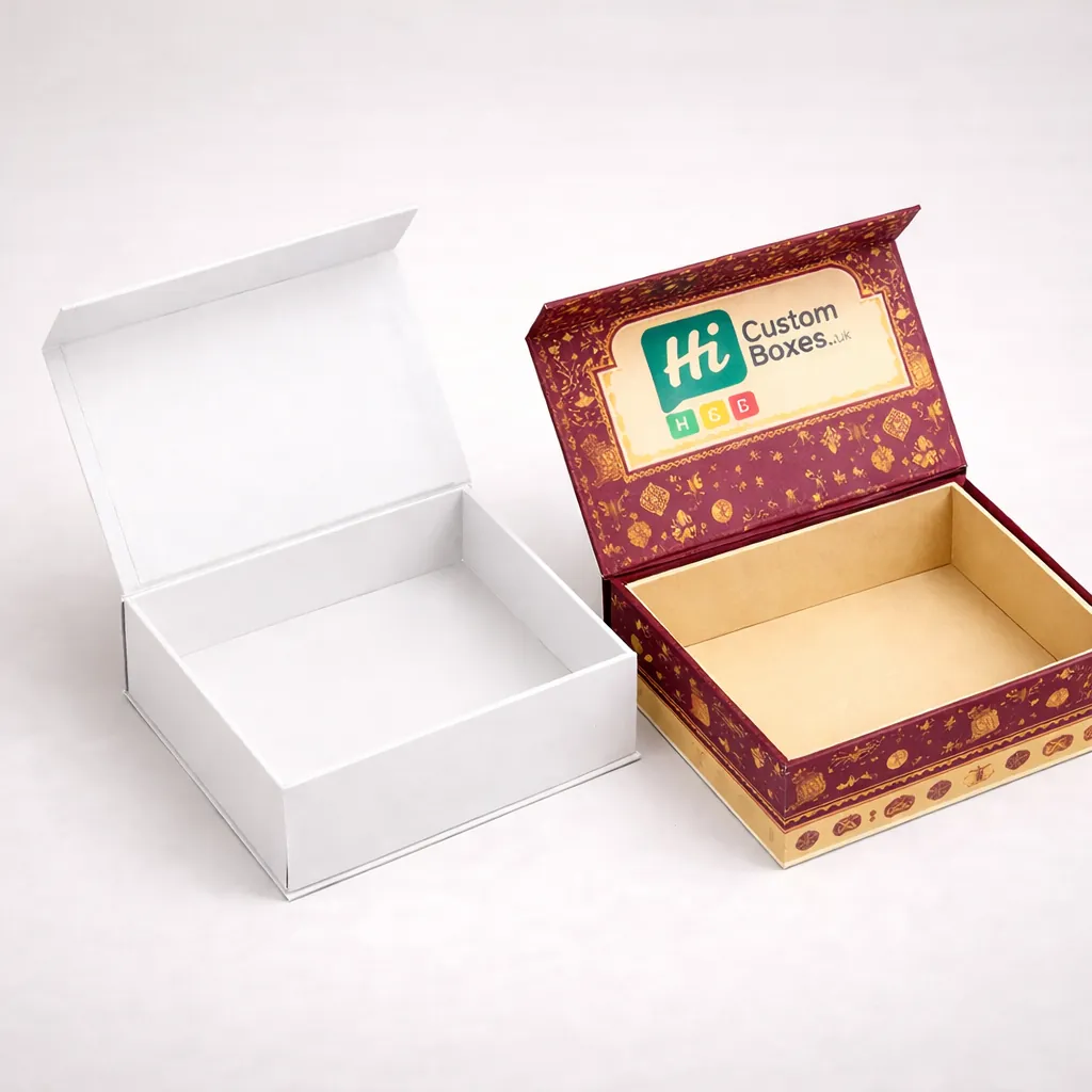 Two premium flip-top magnetic boxes, one blank white and one branded with elegant blue festival illustrations. class=